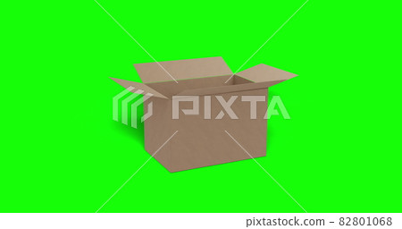 Brown carboard box moving quickly into into shot and opening on green screen background 82801068