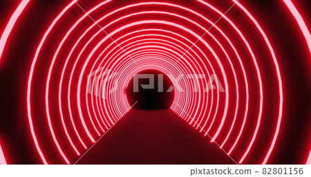 Moving through a tunnel of concetric red neon arcs pulsating on a black background 82801156