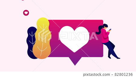 Image of woman using smartphone leaning on heart icon 82801236