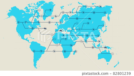 Blue world map with growing black network of connected icons on white background 82801239