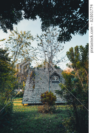 A-Frame cabin in summer morning A-Frame cabin in summer morning 82801774