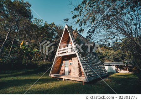A-Frame cabin in summer morning A-Frame cabin in summer morning 82801775