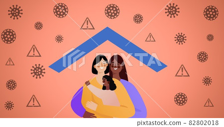 Composition of family embracing over virus icons on red background Composition of family embracing over virus icons on red background 82802018