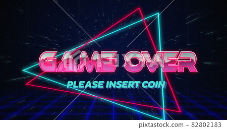 Retro Game over text glitching over blue and red triangles on white hyperspace effect 4k 82802183