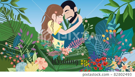 Composition of couple over plant icons on blue background Composition of couple over plant icons on blue background 82802493