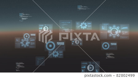 Image of data processing and scopes scanning on screens over gradient background Image of data processing and scopes scanning on screens over gradient background 82802499