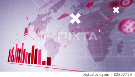 Image of white crosses over red grid, data processing on graph over globe, and qr code on black Image of white crosses over red grid, data processing on graph over globe, and qr code on black 82802739