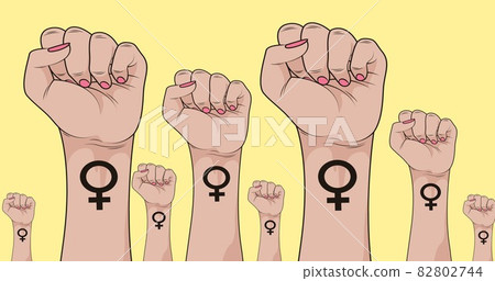 Composition of raising hands with female symbol on yellow background Composition of raising hands with female symbol on yellow background 82802744