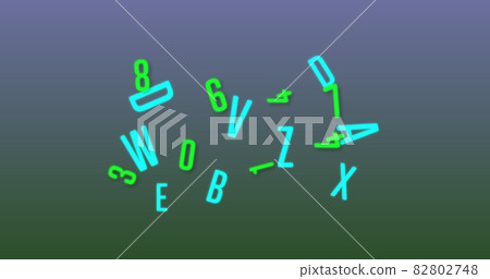 Neon random numbers and alphabets moving and changing against gradient blue and green background Neon random numbers and alphabets moving and changing against gradient blue and green background 82802748