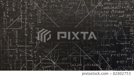 Digital image of mathematical equations and diagrams moving against black background Digital image of mathematical equations and diagrams moving against black background 82802753