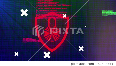 Image of white crosses over globe, data processing with padlock, and network over server room Image of white crosses over globe, data processing with padlock, and network over server room 82802754