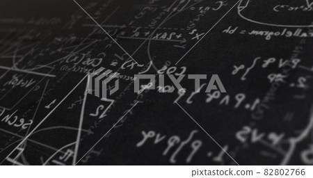 Digital image of mathematical equations and diagrams moving against black background Digital image of mathematical equations and diagrams moving against black background 82802766