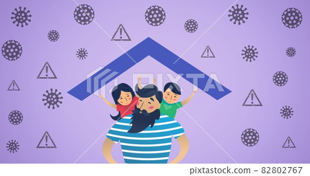 Composition of family raising hands over virus icons on blue background 82802767