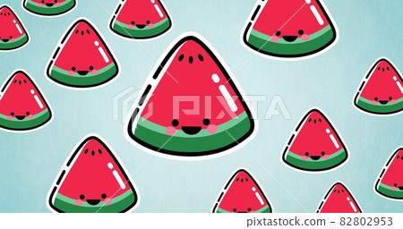 Composition of rows of watermelon slices on blue background Composition of rows of watermelon slices on blue background 82802953