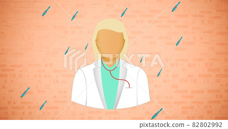 Composition of doctor icon over syringe icons on orange background 82802992