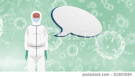 Composition of doctor wearing mask icon and speech bubble over covid 19 virus cells Composition of doctor wearing mask icon and speech bubble over covid 19 virus cells 82803084