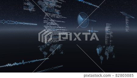 Image of data processing, world maps and statistics recording over universe 82803085