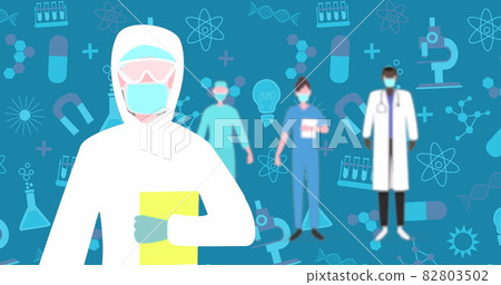 Health worker wearing face masks against science concept icons on blue background Health worker wearing face masks against science concept icons on blue background 82803502