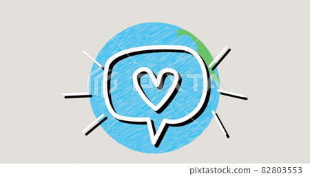 Image of heart in speech bubble over globe on grey background 82803553