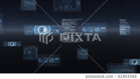 Image of scope scanning, statistics recording, globe spinning and data processing on screens 82803568