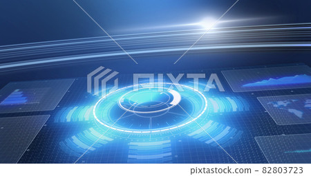 Image of scope scanning and data processing on screens over blue background Image of scope scanning and data processing on screens over blue background 82803723
