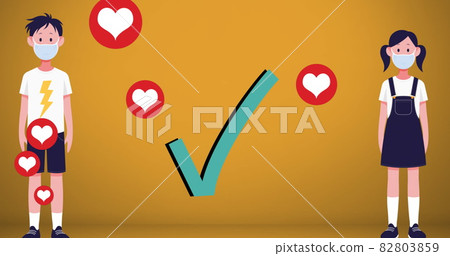 Multiple red heart icons against boy and girl wearing face mask maintaining social distancing 82803859