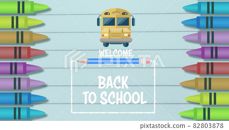 Welcome back to school text against multiple crayons and school bus icon Welcome back to school text against multiple crayons and school bus icon 82803878