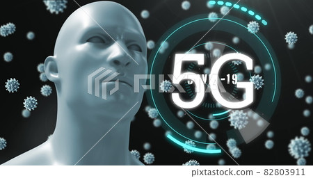 5G text over world map against Covid-19 cells and human head model 82803911