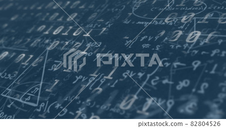 Digital image of binary coding data processing against mathematical equations on blue background 82804526