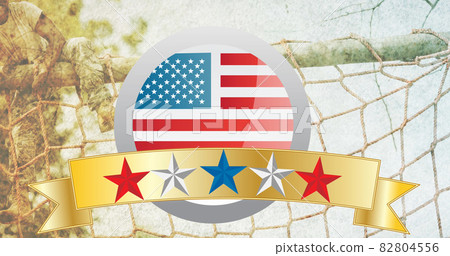 Image of stars on gold banner with american flag, over male soldier climbing assault course Image of stars on gold banner with american flag, over male soldier climbing assault course 82804556