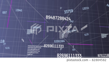 Digital image of multiple changing numbers on grid network against blue background 82804582