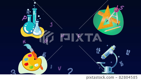 Image of numbers and letters changing with education icons on blue background Image of numbers and letters changing with education icons on blue background 82804585