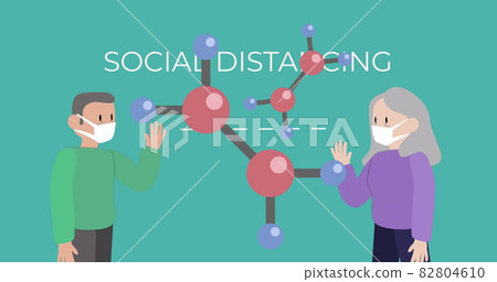 Molecular structure icon against men and woman icon maintaining social distancing Molecular structure icon against men and woman icon maintaining social distancing 82804610