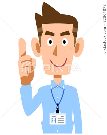 A man in a light blue shirt with an employee ID card and speaking with his index finger up A man in a light blue shirt with an employee ID card and speaking with his index finger up 82804878