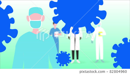 Covid-19 cell icons over health workers wearing face masks against green background 82804960
