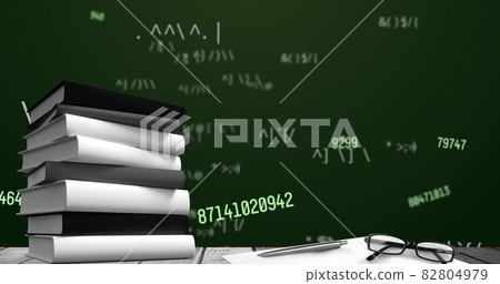 Digital image of glasses and stack of books against multiple changing numbers and symbols on gre Digital image of glasses and stack of books against multiple changing numbers and symbols on gre 82804979