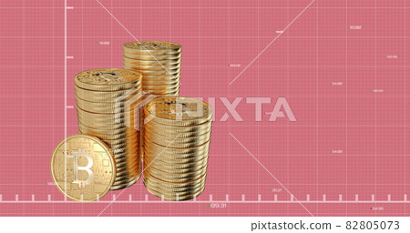 Green graph moving over stack of bitcoins against pink background. 82805073