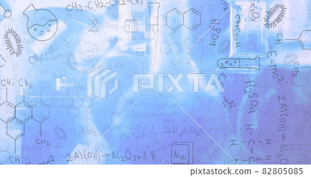 Digital image of chemical structures and equations floating against blue background 82805085