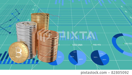 Stack of bitcoins over financial data processing against green background. 82805092