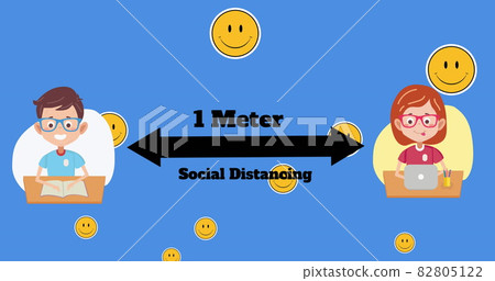 Smiling face emojis floating against school boy and girl maintaining social distancing Smiling face emojis floating against school boy and girl maintaining social distancing 82805122