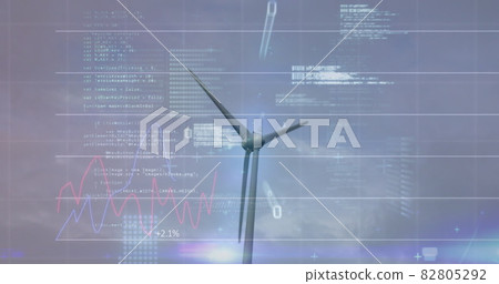 Image of wind turbine turning, data processing and stock exchange graph Image of wind turbine turning, data processing and stock exchange graph 82805292