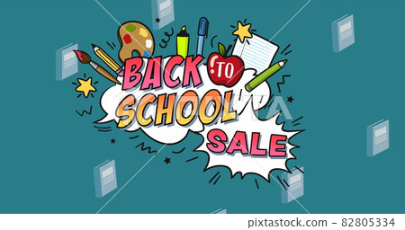 Image of back to school sale text over school items icons on green background Image of back to school sale text over school items icons on green background 82805334