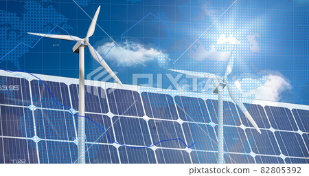 Financial data processing against solar panel and windmill in background 82805392