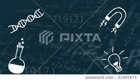 Digital image of science concept icons against mathematical equations on blue background Digital image of science concept icons against mathematical equations on blue background 82805873
