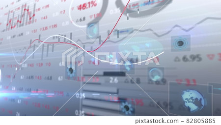 Stock market data processing against multiple round scanners on grey background 82805885