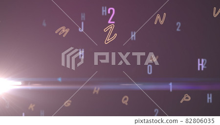 Digital image of multiple changing numbers and alphabets against spot of light on purple backgro Digital image of multiple changing numbers and alphabets against spot of light on purple backgro 82806035