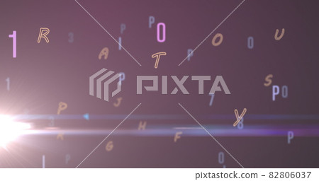 Digital image of multiple changing numbers and alphabets against spot of light on purple backgro 82806037