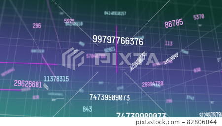 Digital image of multiple numbers against grid network on purple background Digital image of multiple numbers against grid network on purple background 82806044