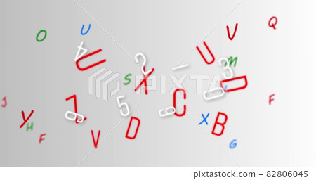 Digital image of multiple changing numbers and alphabets against grey background Digital image of multiple changing numbers and alphabets against grey background 82806045
