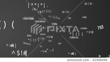 Digital image of multiple changing numbers and symbols floating against grey background Digital image of multiple changing numbers and symbols floating against grey background 82806046